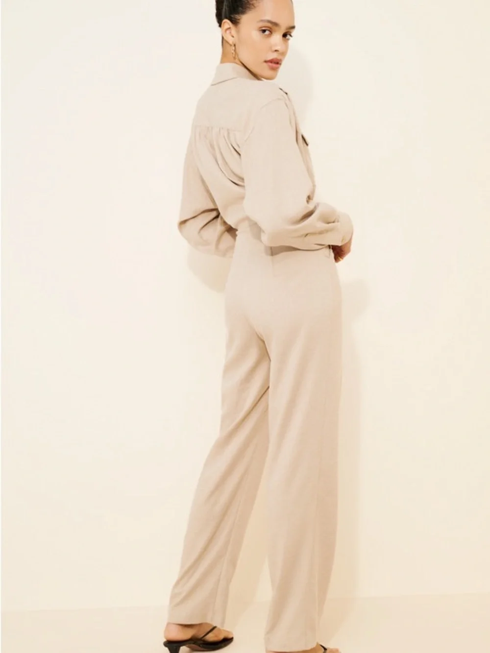 Nuuly x Ronny Kobo Long Sleeve Beige Brila Utility Jumpsuit 80s Quiet Luxury - Picture 2 of 13